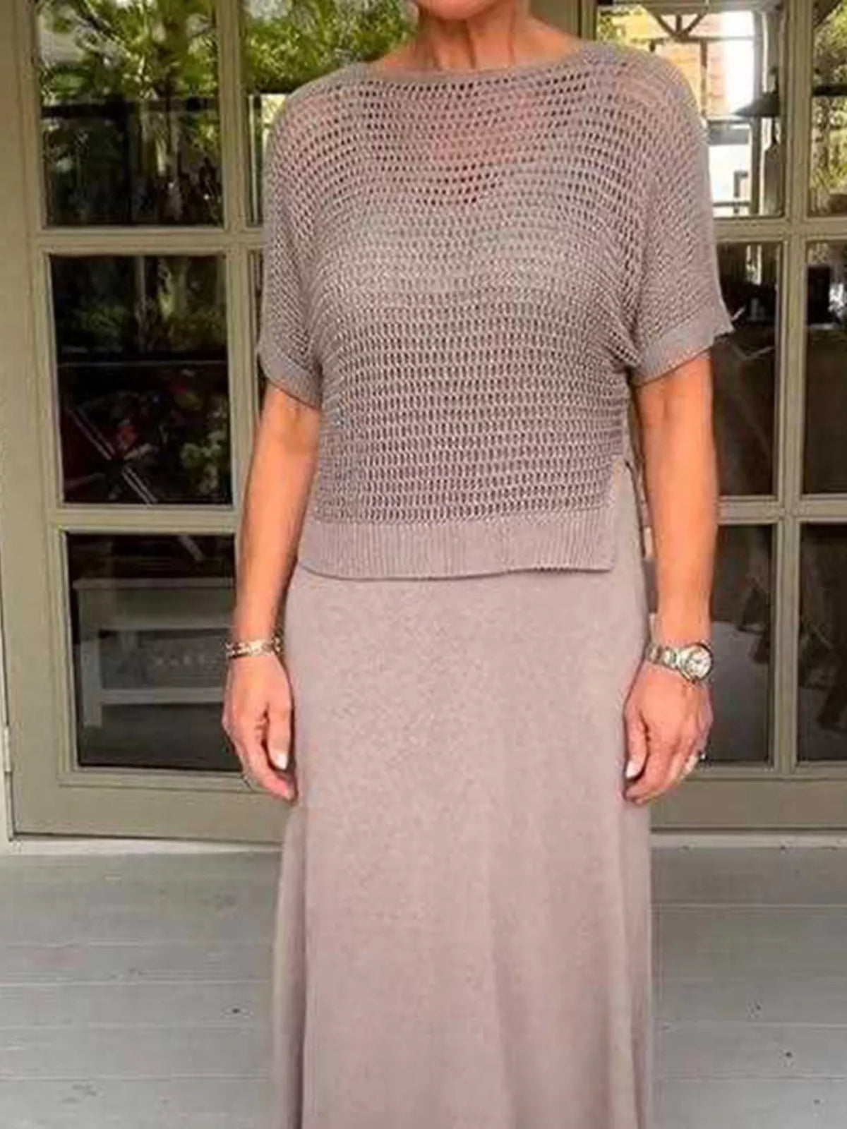 Full Size Openwork Knit Cover Up and Dress Set Plus Size in Mocha