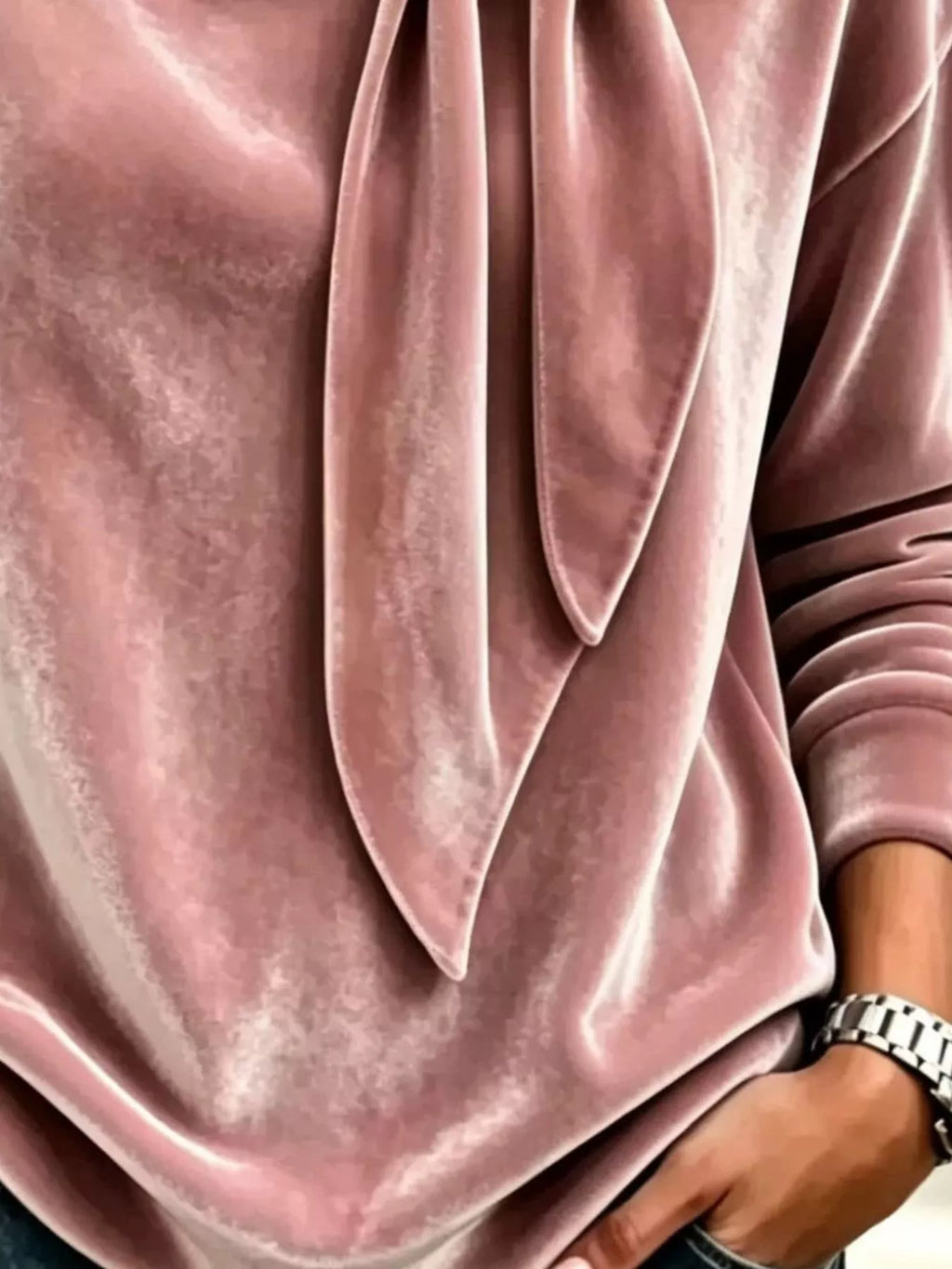 Velvet Tie Front Long Sleeve Sweatshirt - Lilixa.store