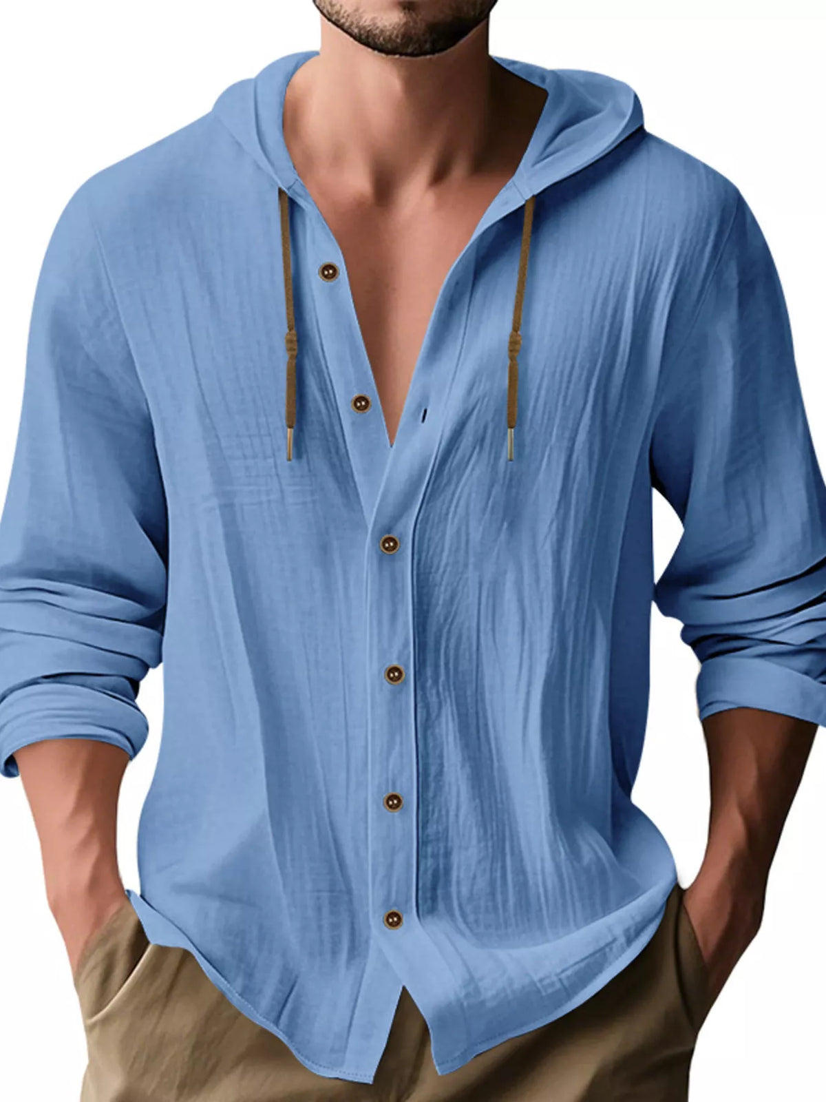 Men's Full Size Drawstring Button Up Hooded Shirt Plus Size - Lilixa.store