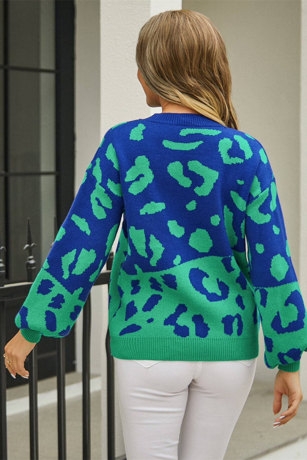 Angel Wings Woven Right Leopard Round Neck Dropped Shoulder Sweater, view 14