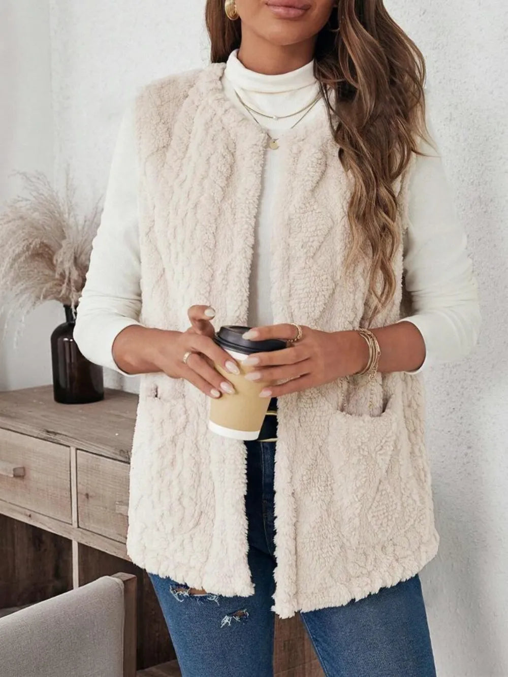 Fuzzy Open Front Vest with Pockets in Dust Storm, view 4
