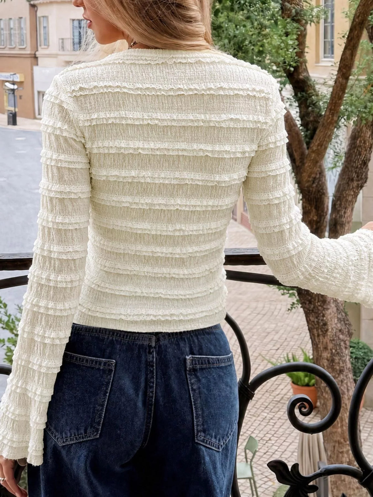 Bow Textured Long-Sleeve T-Shirt