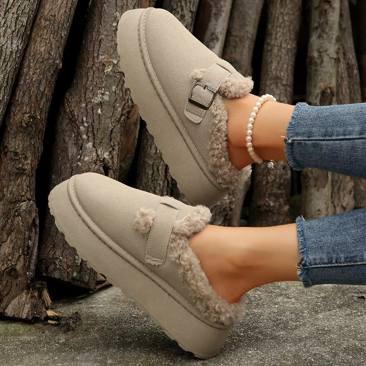 Fuzzy Trim Buckle Platform Slippers - Lilixa.store