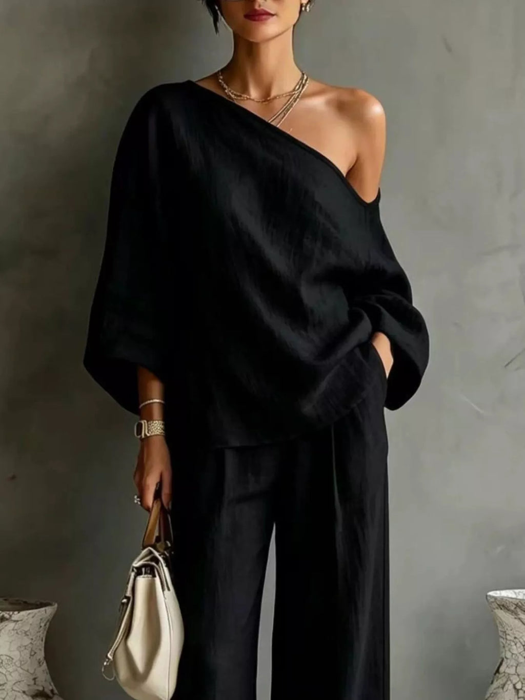 One Shoulder Top and Wide Leg Pants Set - Lilixa.store