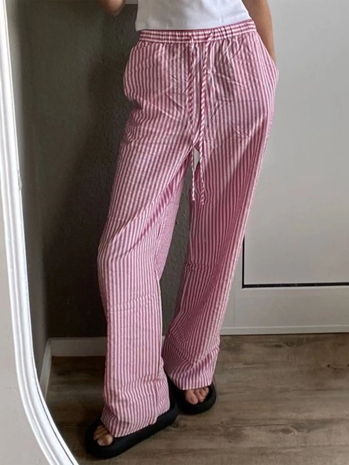 Striped High-Waisted Drawstring Casual Pants - Lilixa.store