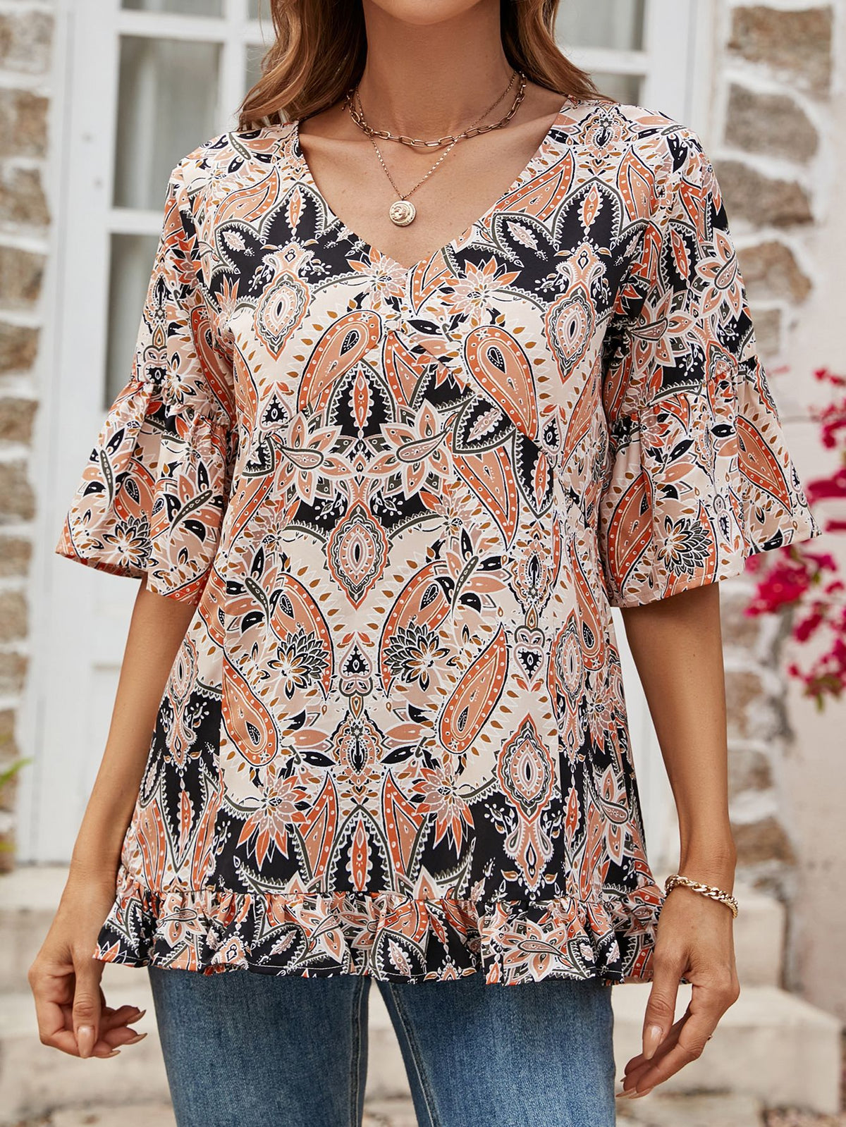 Printed Flounce Sleeve Ruffle Hem Blouse in Tangerine
