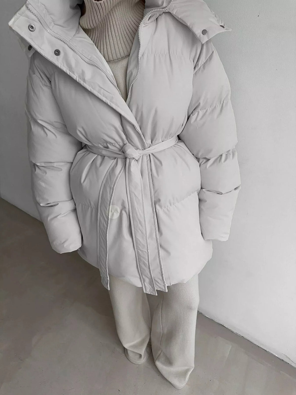 Mid-Length Thickened Hooded Winter Coat with Belted in Ivory White