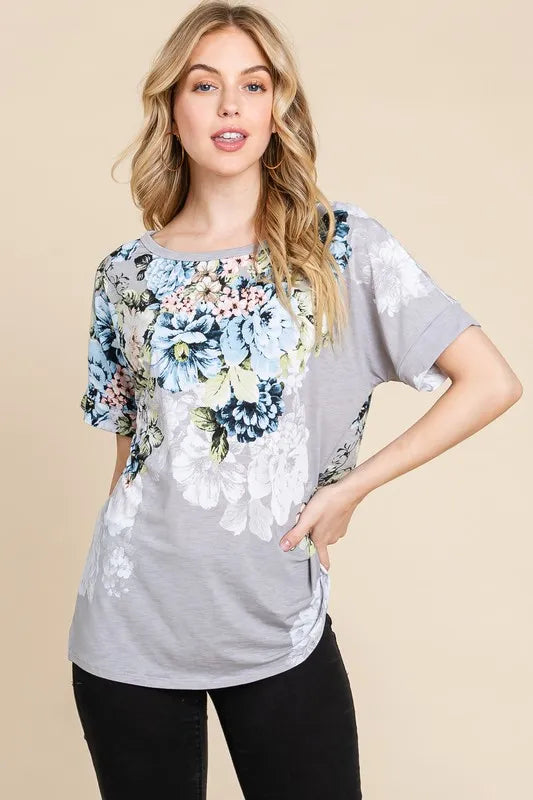BOMBOM Floral Round Neck Short Sleeve T-Shirt - Lilixa.store
