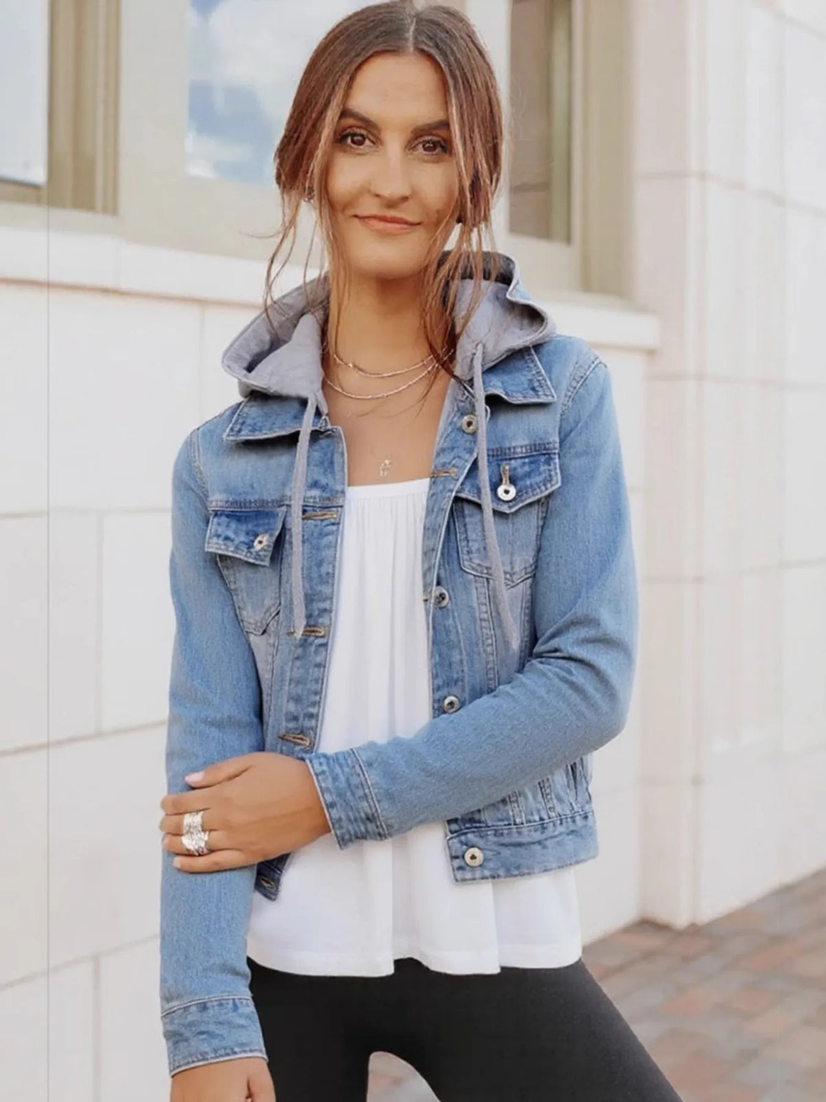Full Size Button Up Drawstring Hooded Denim Jacket Plus Size, view 4