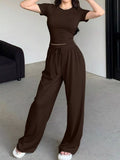 Solid Color Short Sleeve Crop Top and Wide Leg Pants Set - Lilixa.store