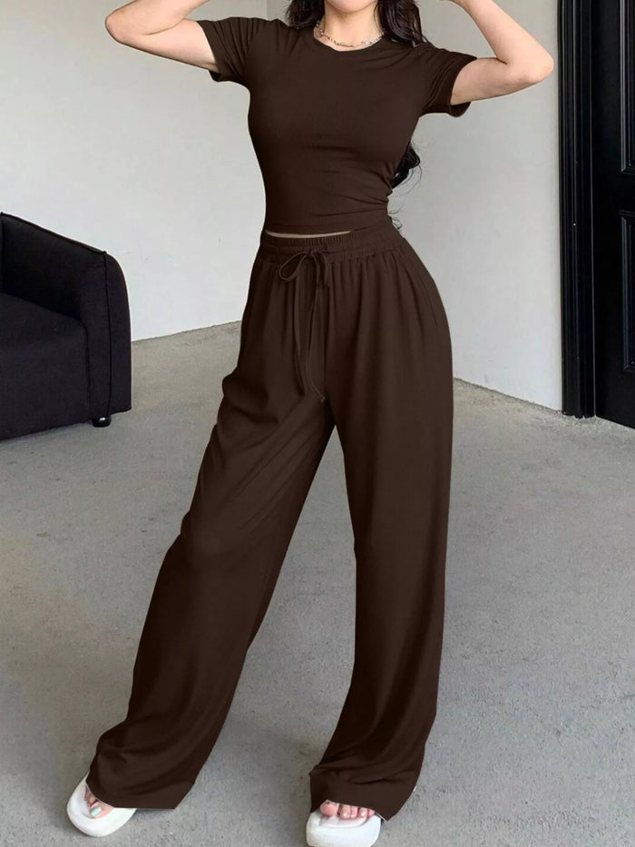Solid Color Short Sleeve Crop Top and Wide Leg Pants Set - Lilixa.store