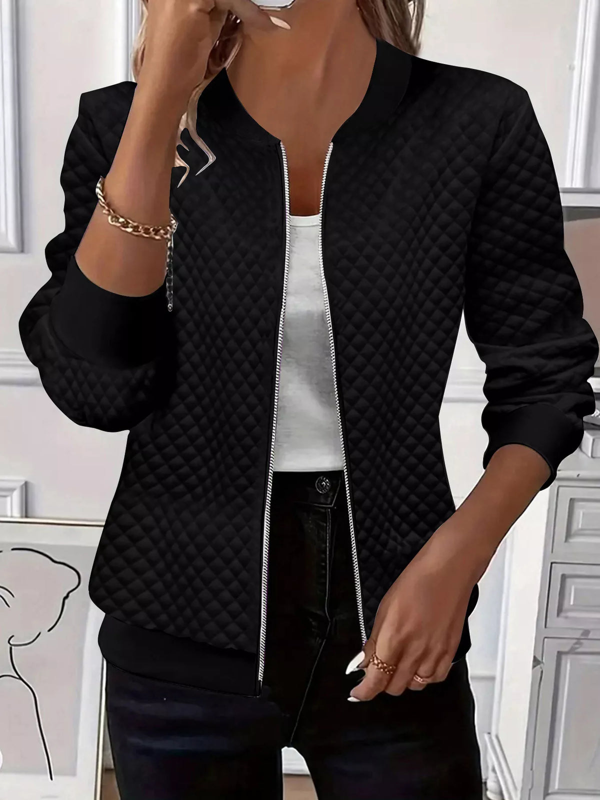 Textured Zip Up Long Sleeve Jacket in Black