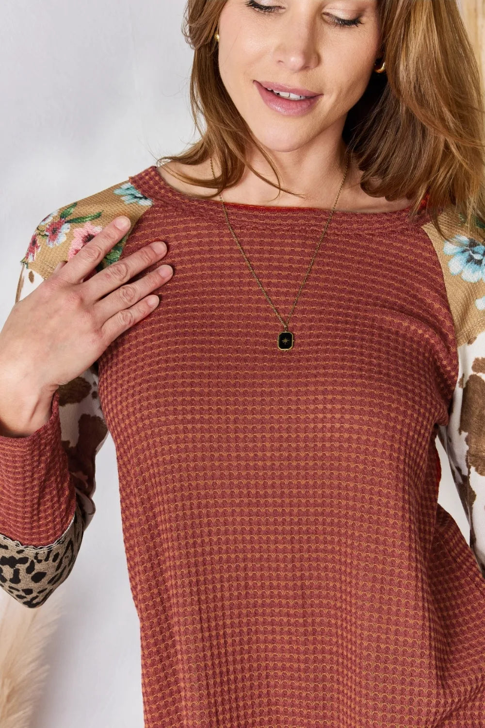 Hailey & Co Full Size Leopard Waffle-Knit Blouse - Lilixa.store