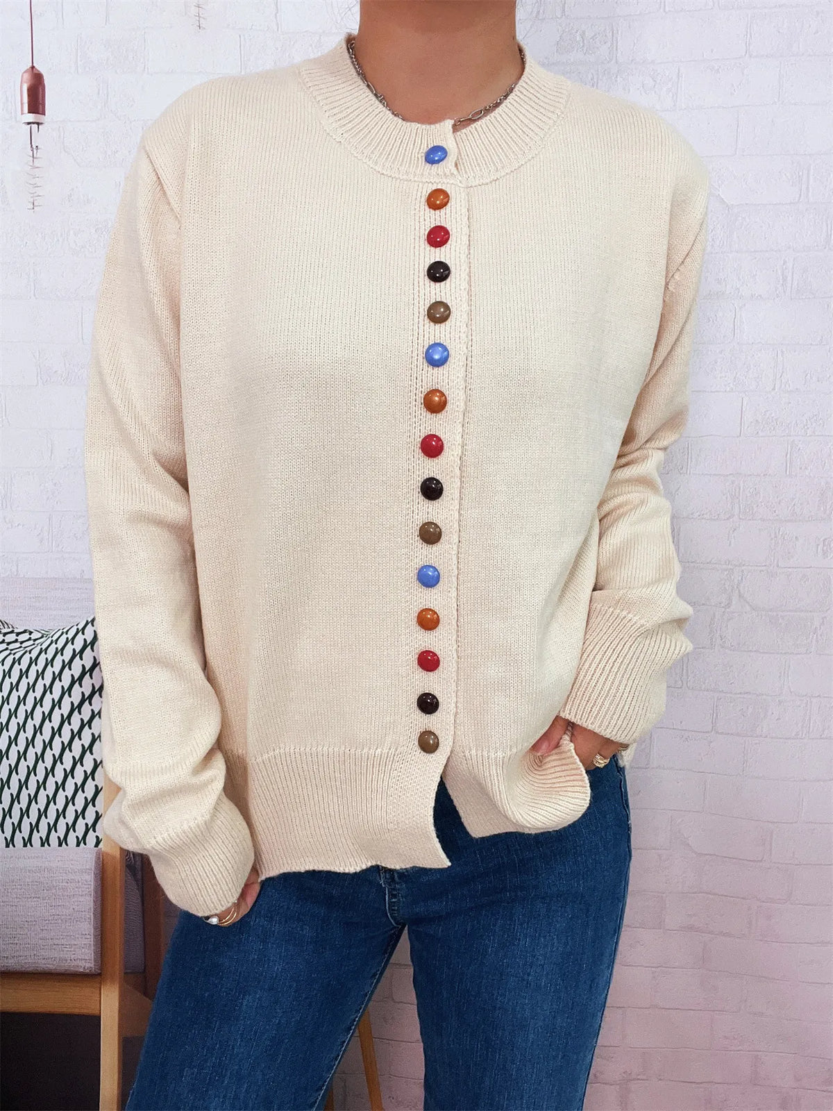 Button-Front Cardigan with Colorful Detail Buttons - Lilixa.store