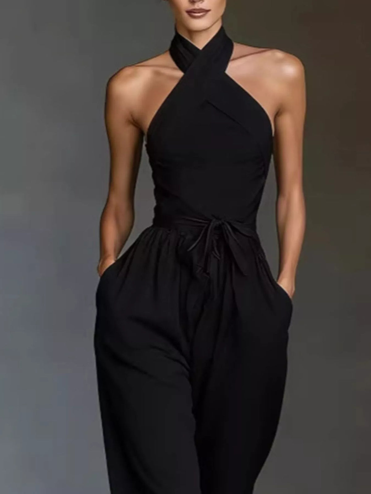 Halter Neck Wide-Leg Jumpsuit with Waist-Tie Detail