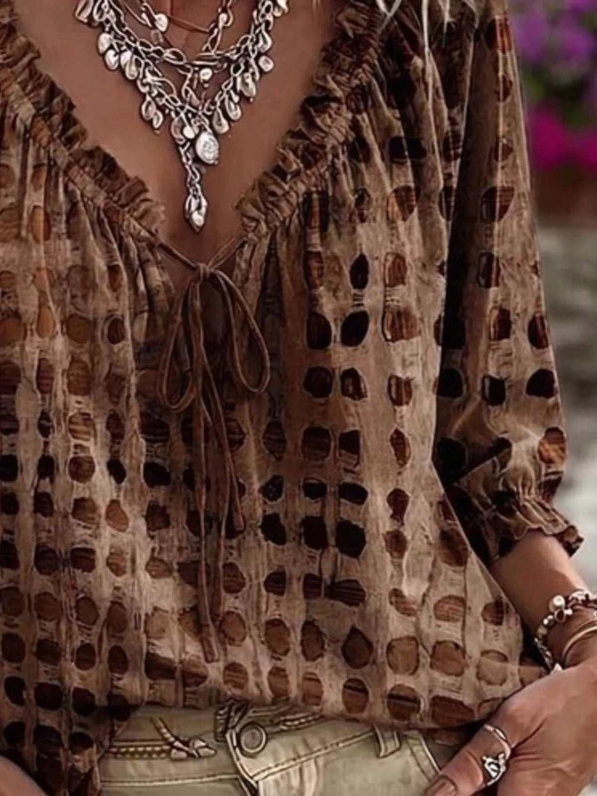 Full Size Tie Neck 3/4 Sleeve Blouse Plus Size