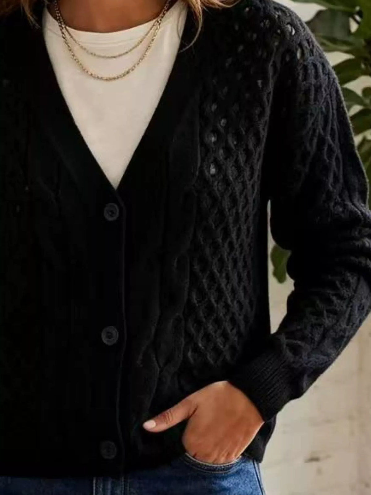 Cable-Knit V-Neck Button-Down Cardigan, view 4