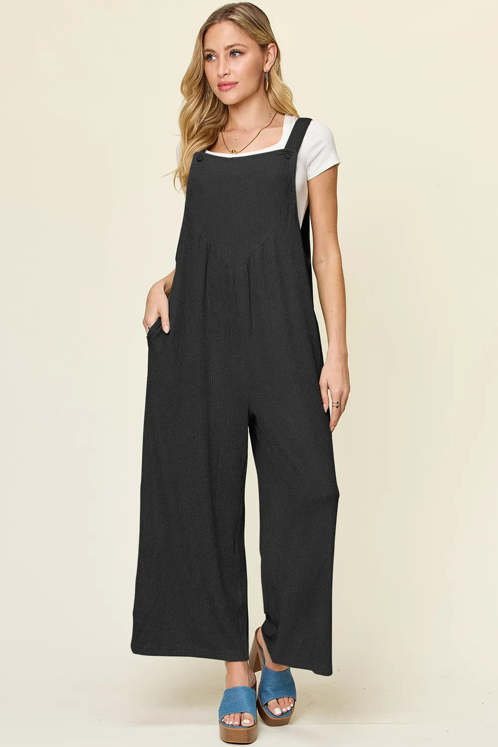 Double Take Full Size Texture Sleeveless Wide Leg Overall, view 4