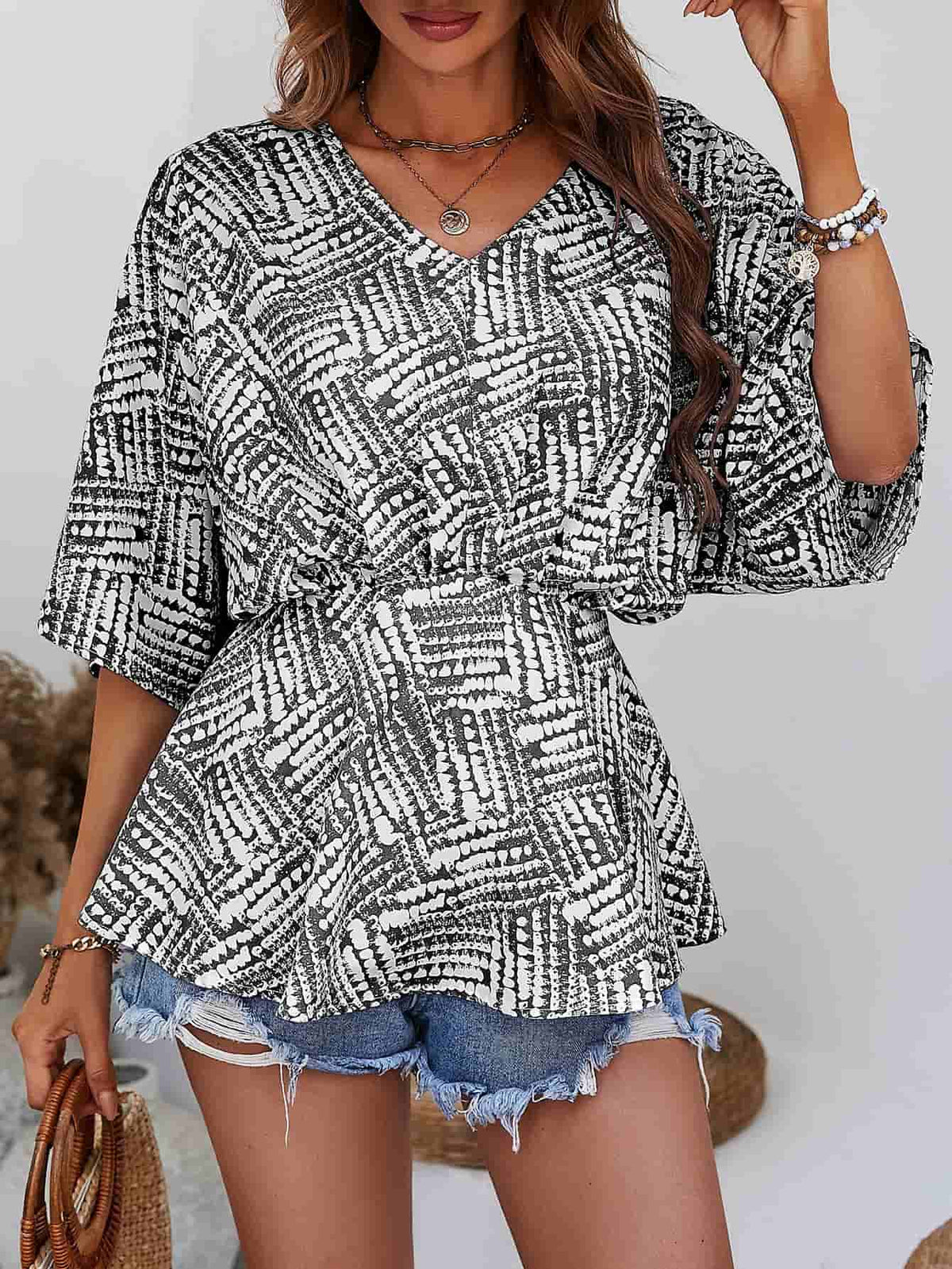 Printed V-Neck Dolman Sleeve Blouse - Lilixa.store