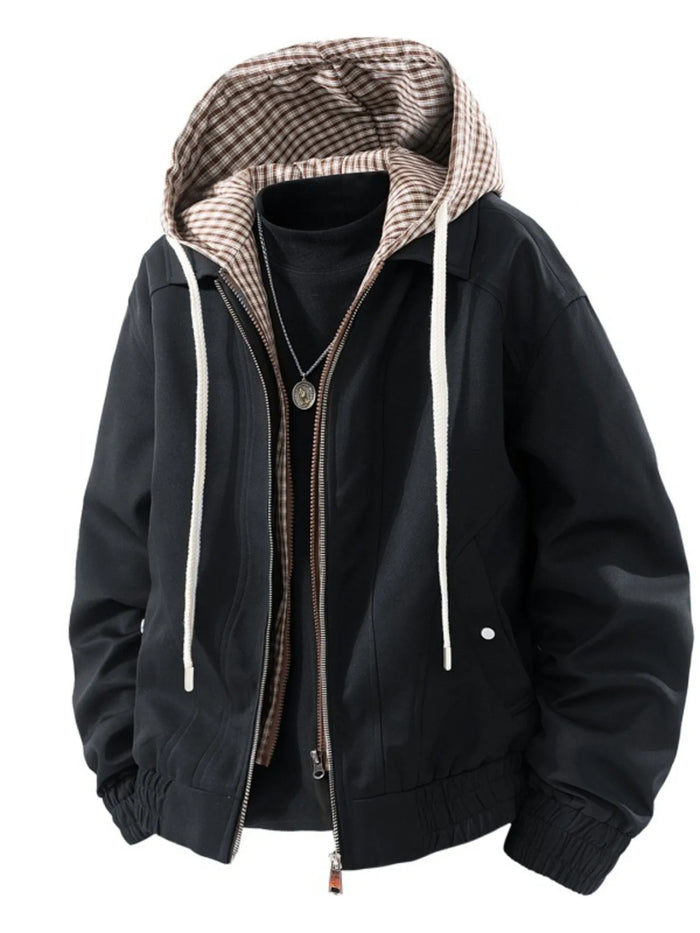 Men's Plus Size Casual Plaid-Lined Hooded Zip-Up Jacket in Black