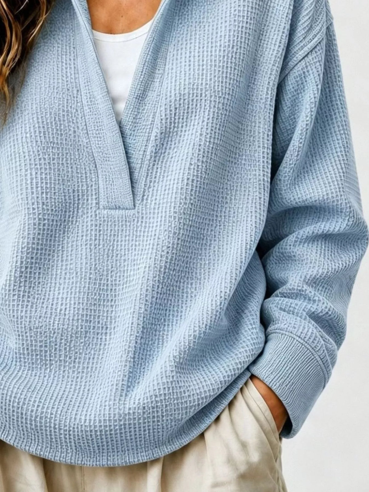 Full Size Waffle Knit Dropped Shoulder Sweatshirt Plus Size
