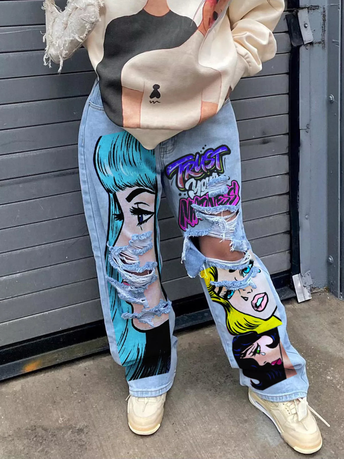 Full Size Pop Art Graphic Distressed Wide-Leg Jeans Plus Size - Lilixa.store