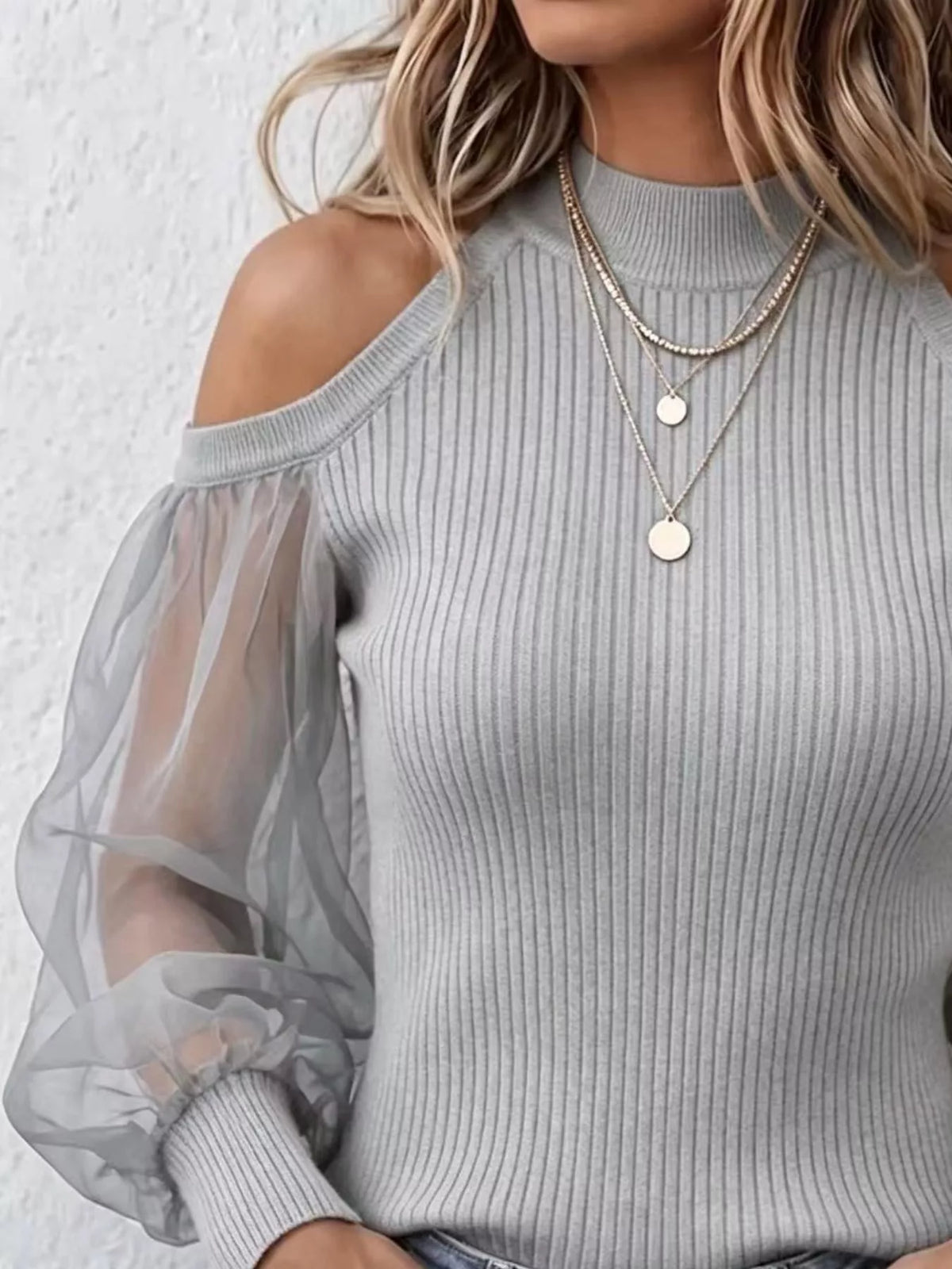 Full Size Cold Shoulder Sheer Mesh Sleeves Top Plus Size - Lilixa.store