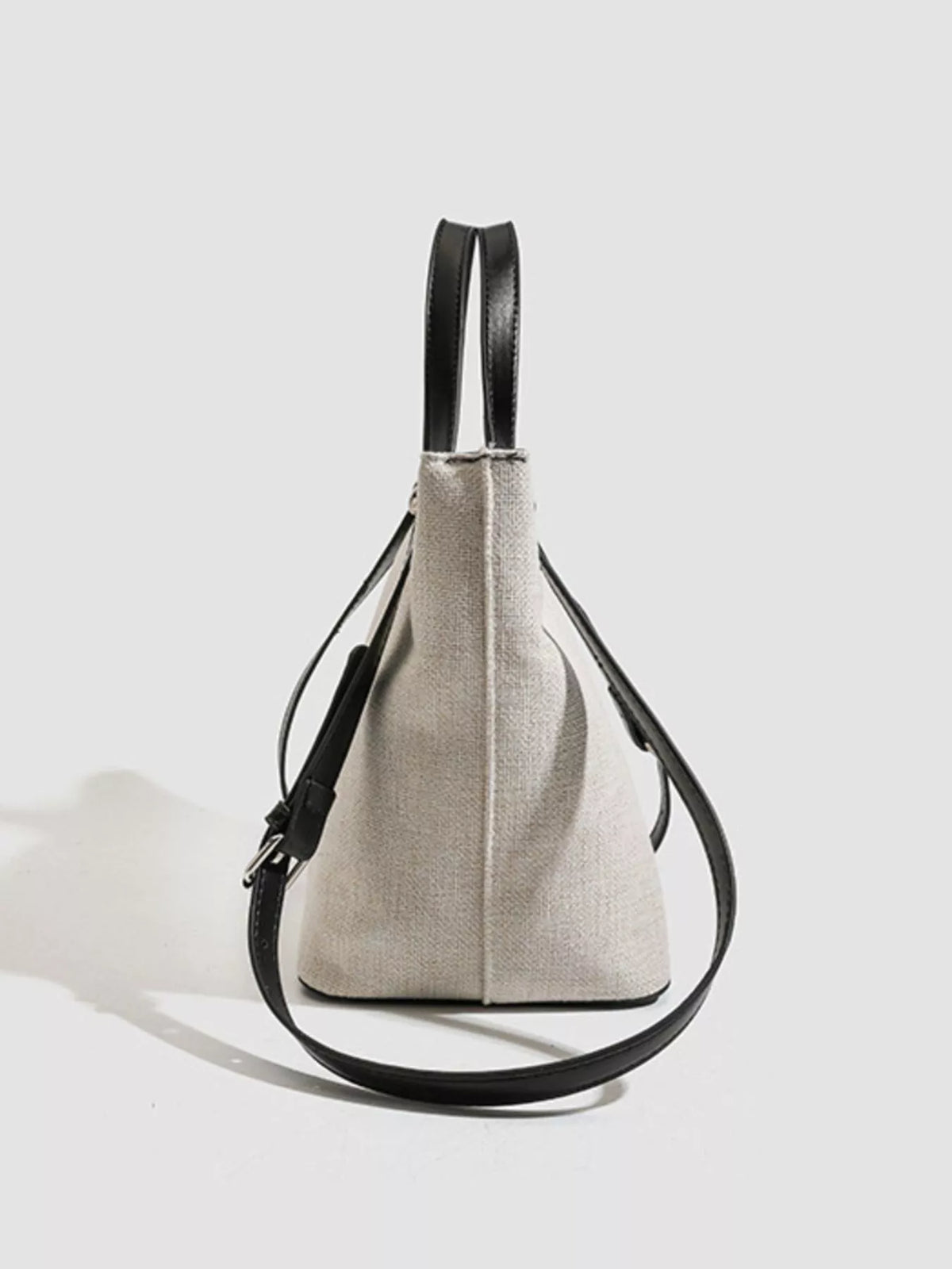 Canvas Bucket Handbag with Contrast Leather Straps in Light Gray, view 7
