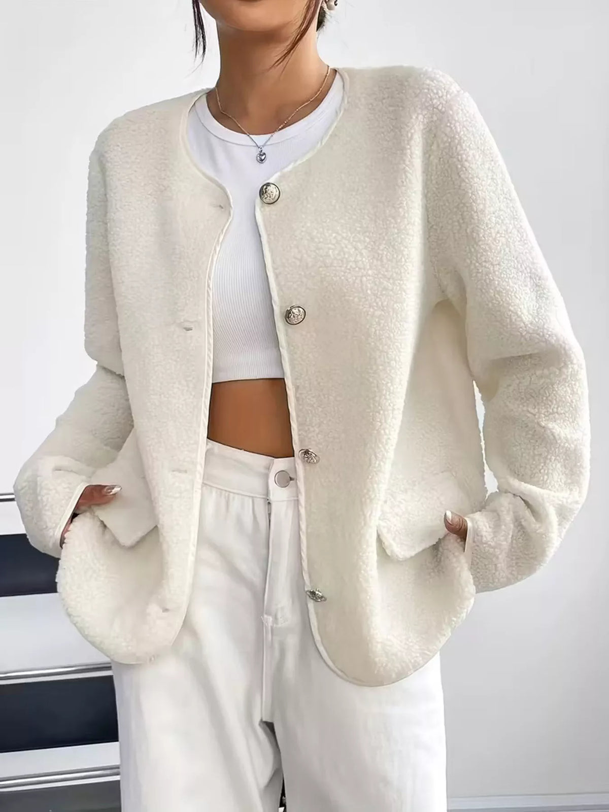 Full Size Textured Button-Up Fleece Outerwear Plus Size - Lilixa.store