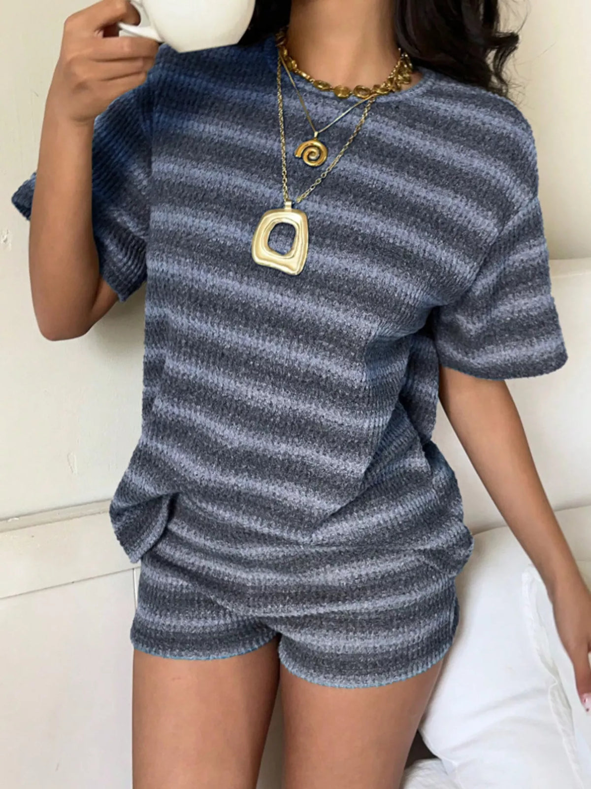 Striped Textured Knit Top and Shorts Set, view 7