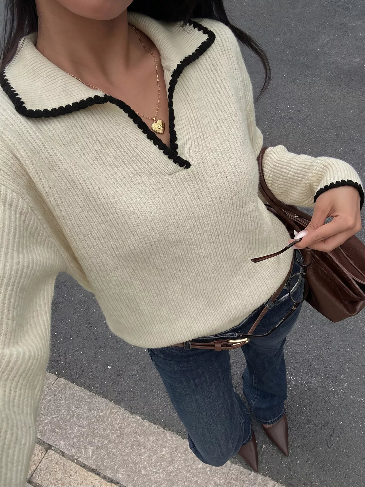 Contrast Trim Dropped Shoulder Sweater in Khaki, view 4