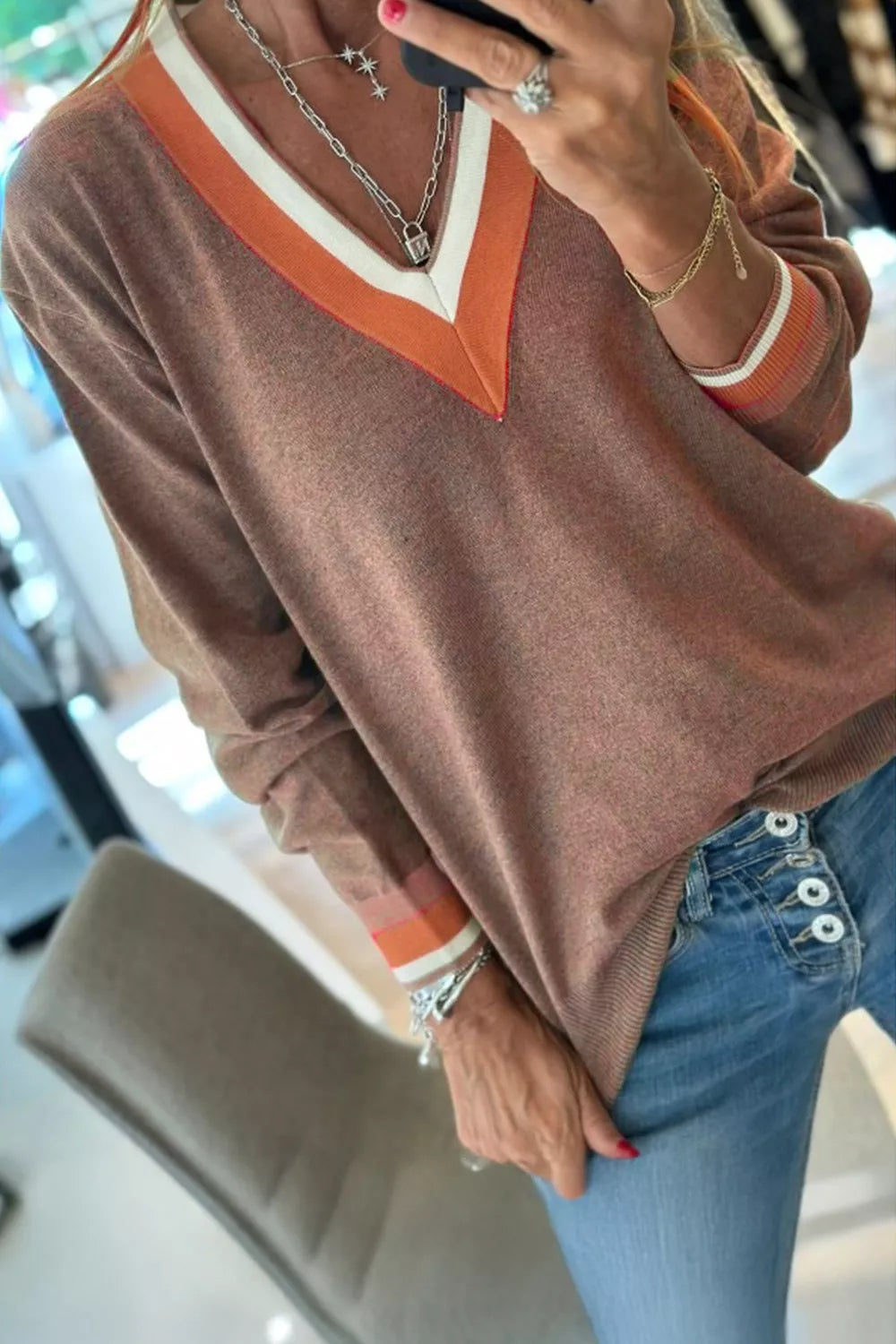 Contrast Trim V-Neck Sweater - Lilixa.store