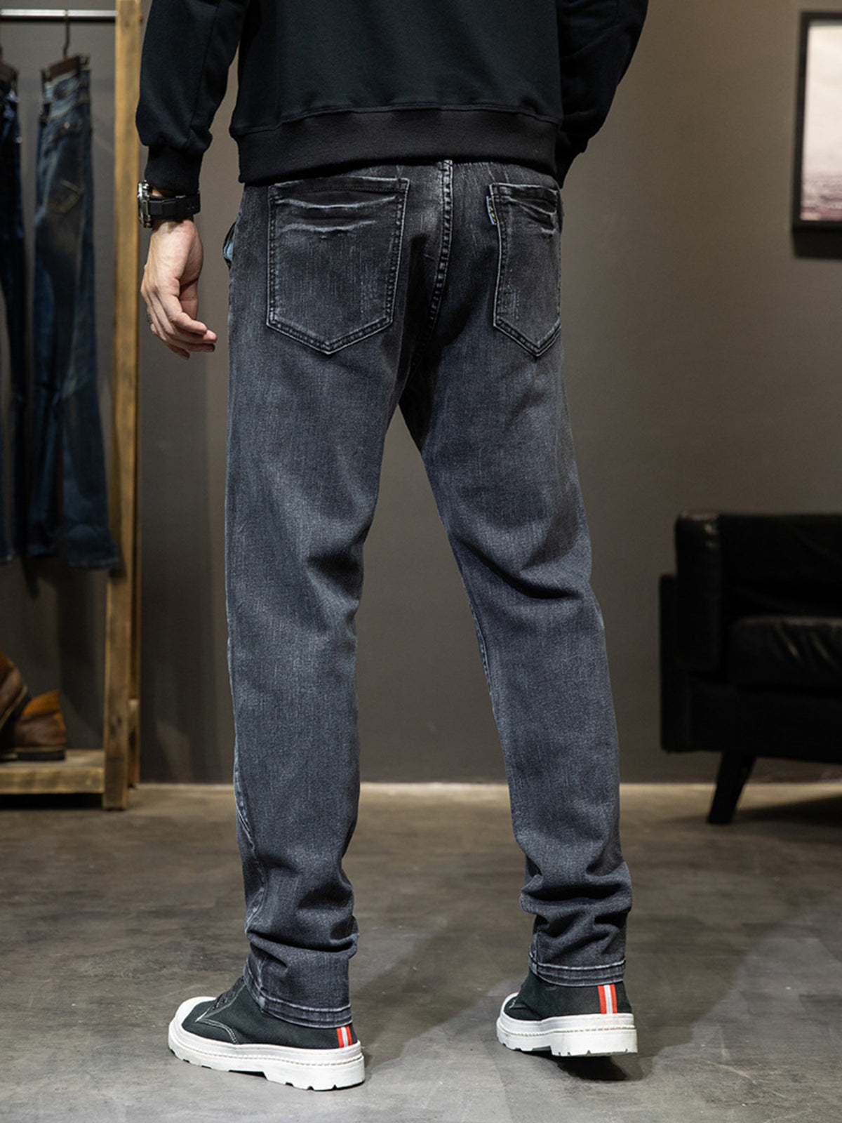 Men's Washed Slim-Fit Jeans with Curved Side Seam Detailing in Black, view 3