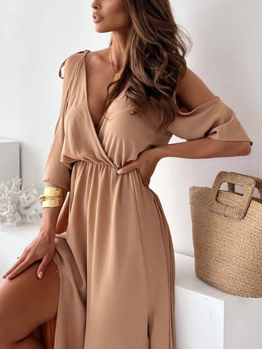 Slit Cold Shoulder Maxi Dress - Lilixa.store