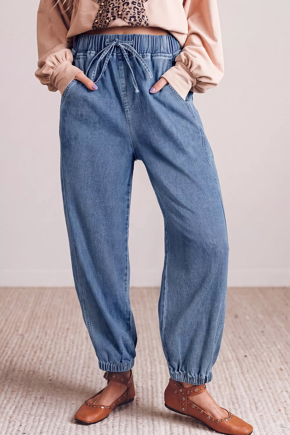 Elastic Waist Harem Ankle Length Jeans - Lilixa.store