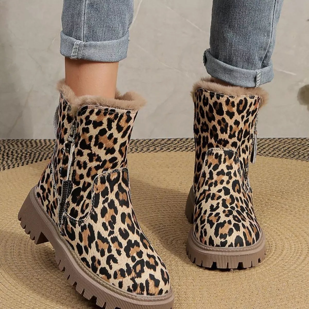 Leopard Print Fur Lined Ankle Boots, view 2