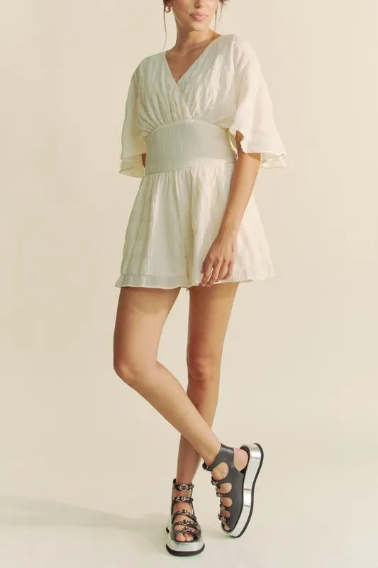 Davi & Dani Batwing Sleeve Waist Belt Romper - Lilixa.store