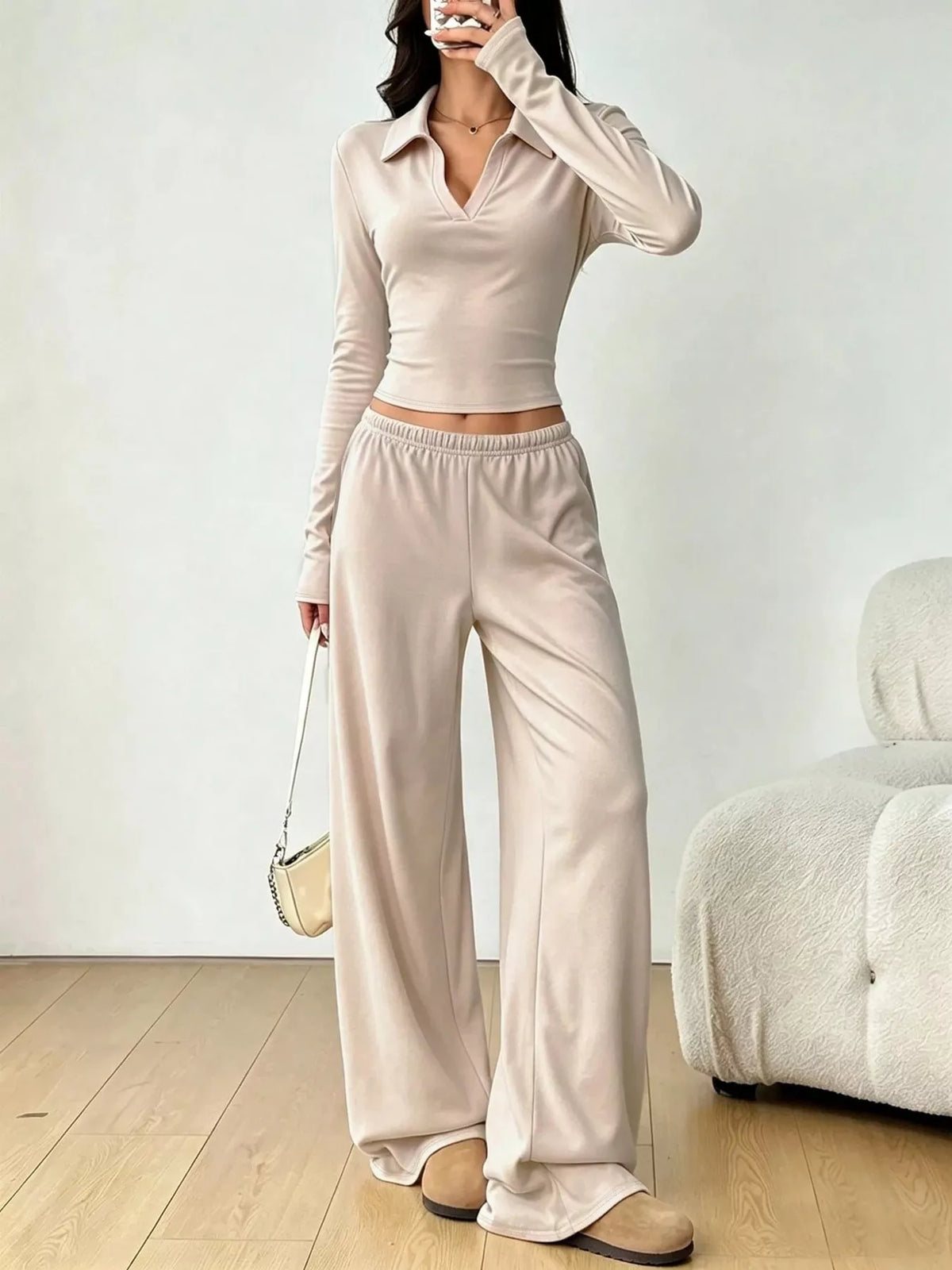 Solid Color Long Sleeve Polo Collar Top and Wide Leg Pants Set - Lilixa.store