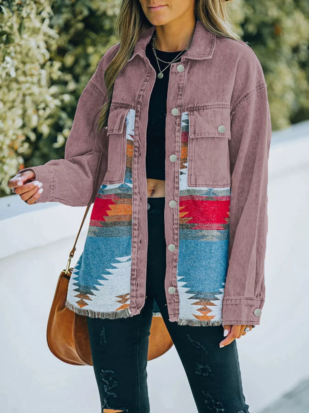 Aztec Print Button Up Jacket in Mauve