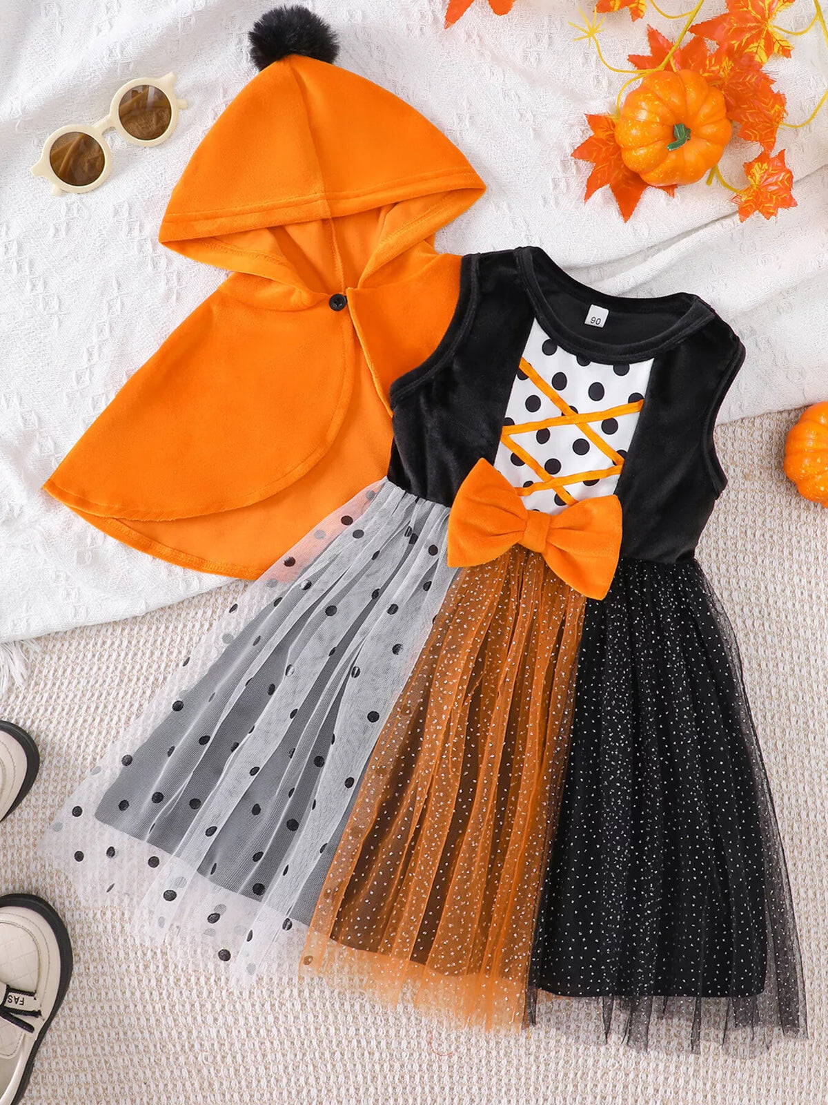 Children's Halloween Pumpkin Hooded Cape and Polka Dot Tulle Dress Set - Lilixa.store