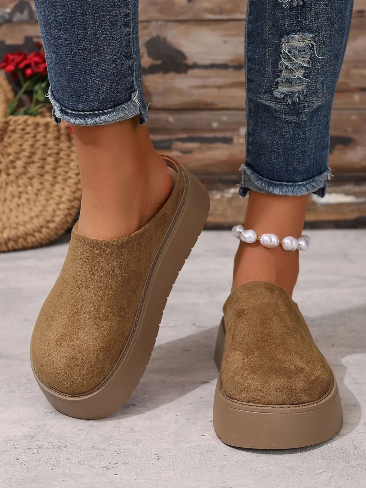 Platform Suede Slip-Ons in Camel