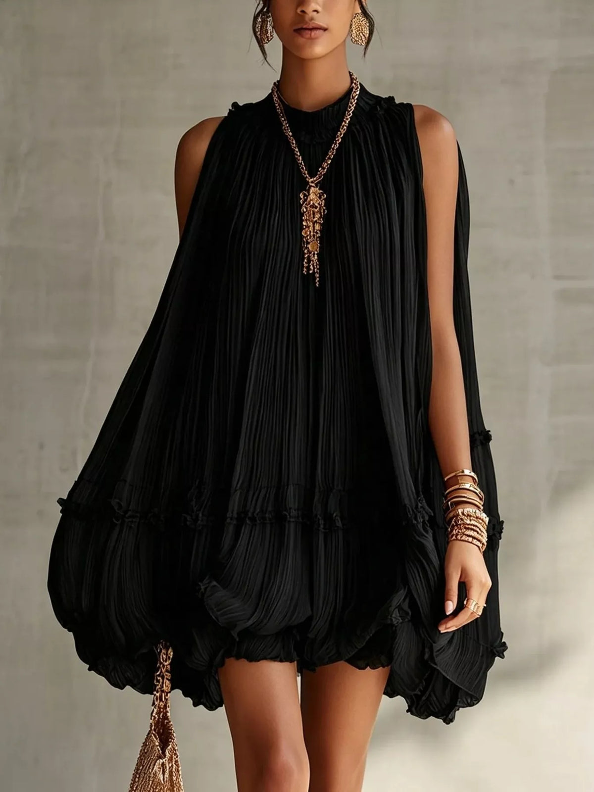 Pleated Mock Neck Sleeveless Mini Dress