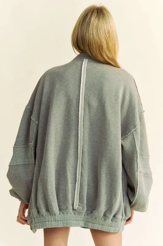 Davi & Dani Exposed Seam Zip Up Dropped Shoulder Jacket in Grey, view 3
