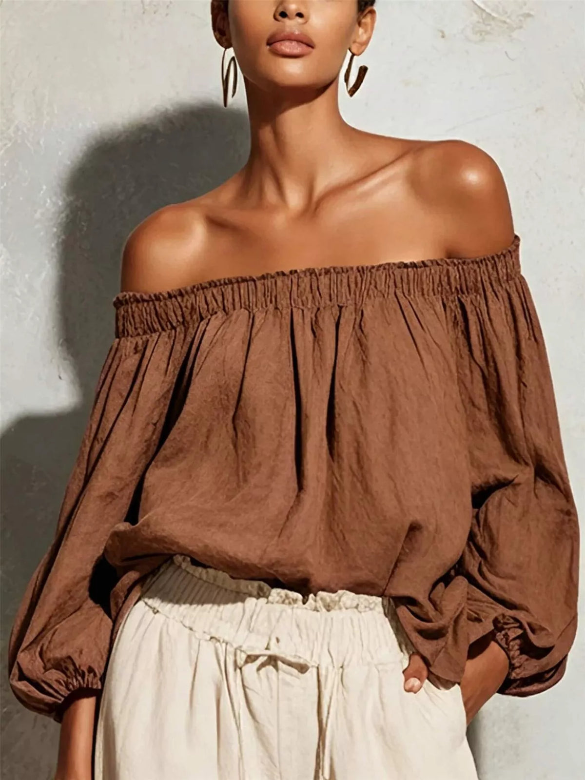 Off-Shoulder Long Sleeve Blouse - Lilixa.store