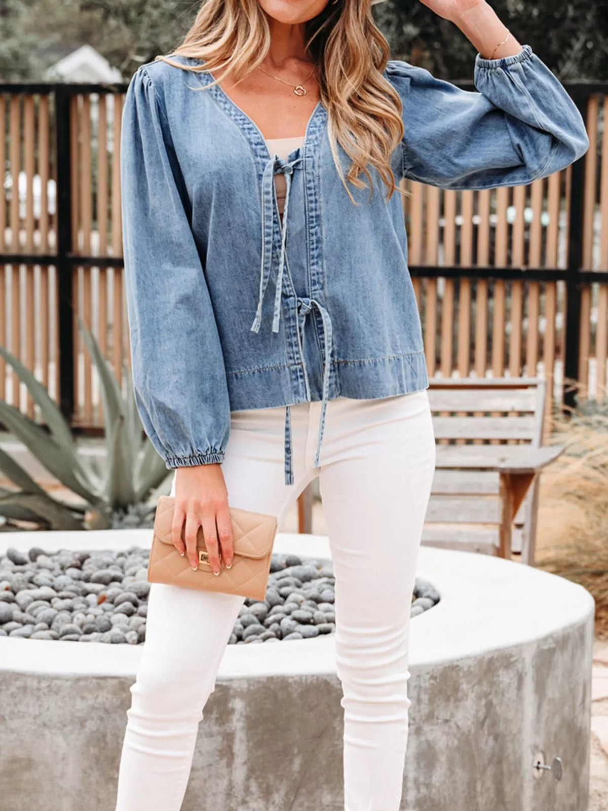 Tied Front Puff Sleeve Denim Top in Dusty Blue, view 5