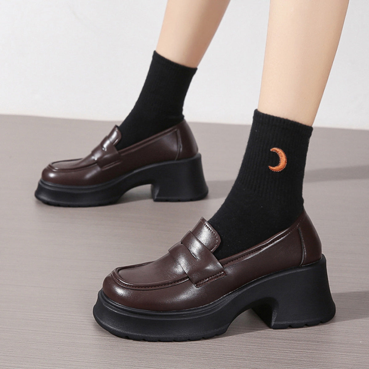 Round Toe Block Heels Loafers in Dark Brown
