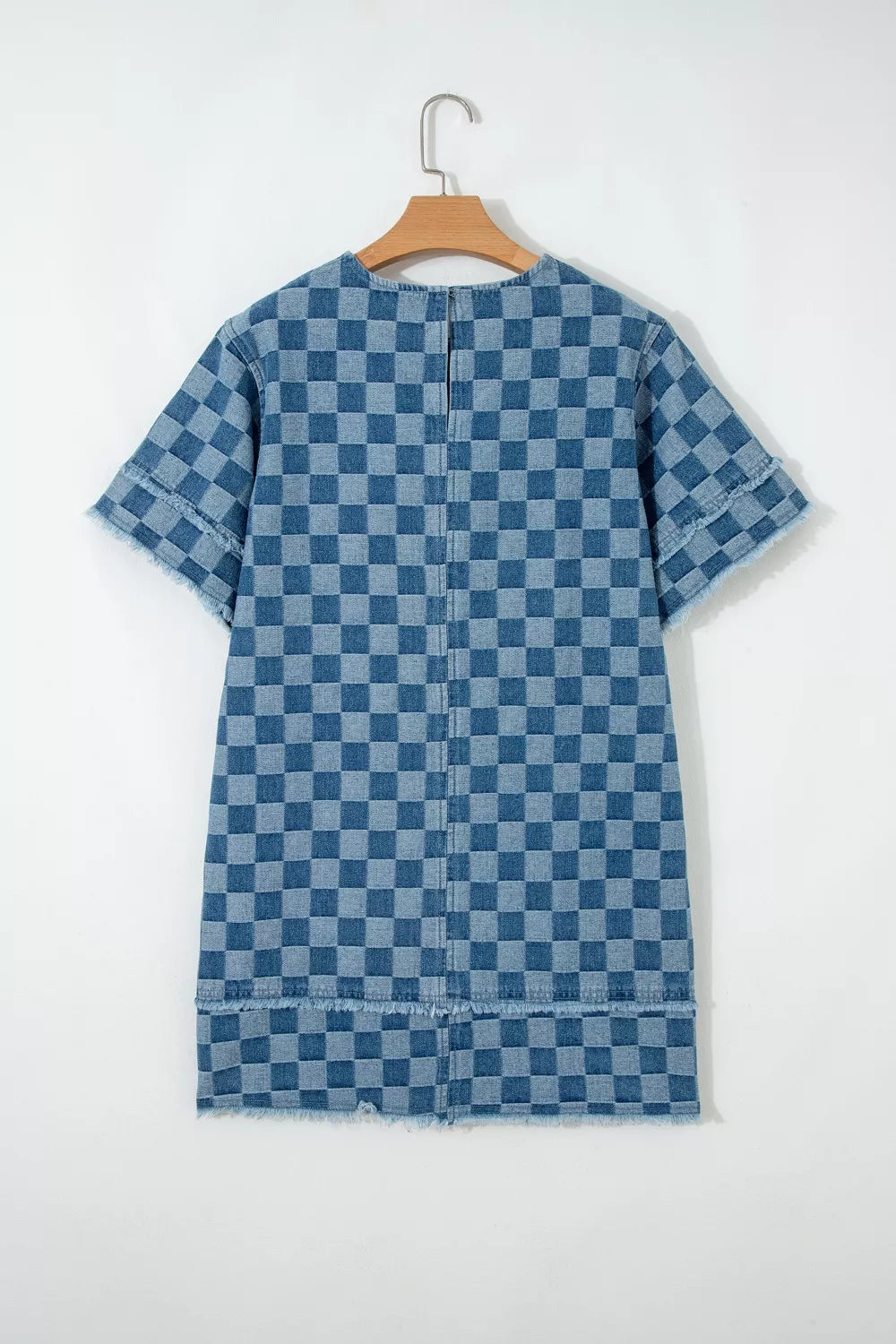 Frayed Hem Checkered Denim Mini Dress - Lilixa.store