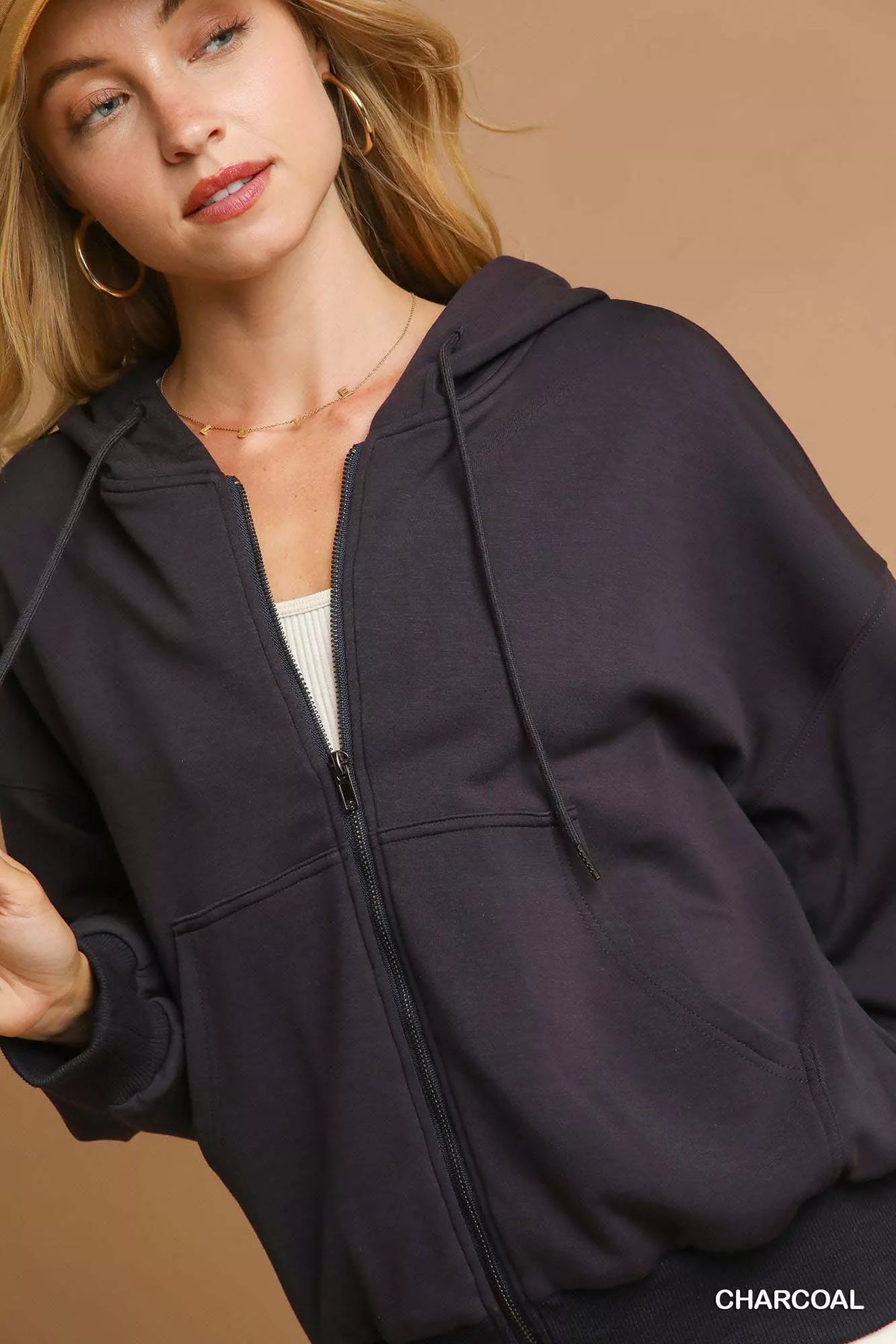 Umgee Zip-Up Fleece Hooded Jacket in Charcoal, view 4