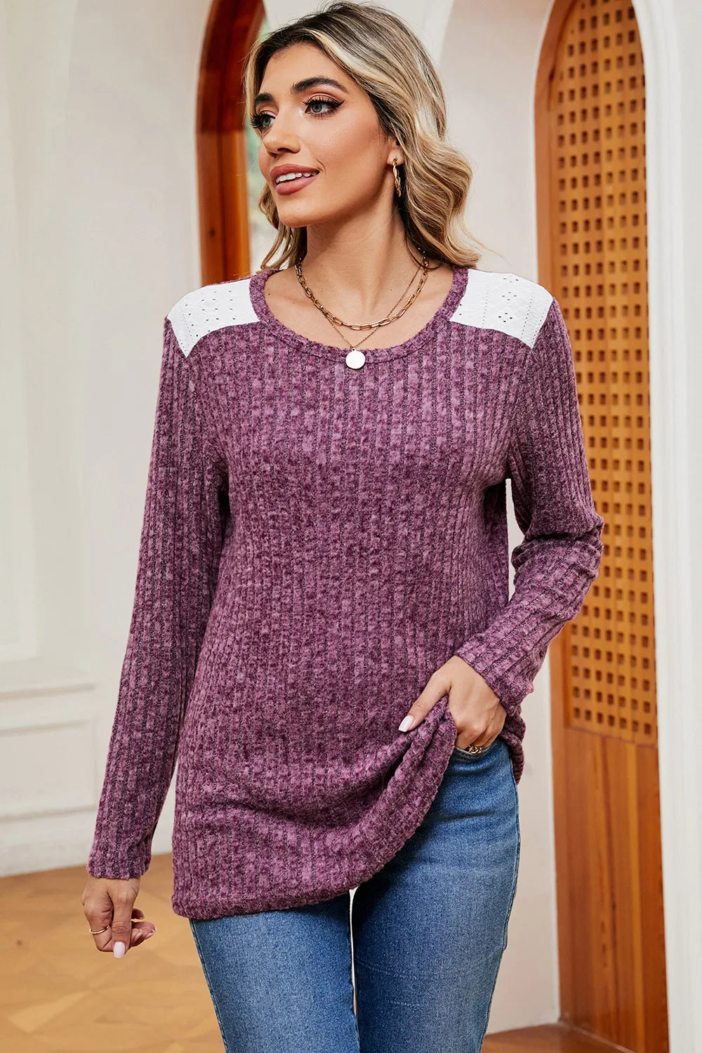 Eyelet Ribbed Round Neck Long Sleeve T-Shirt - Lilixa.store
