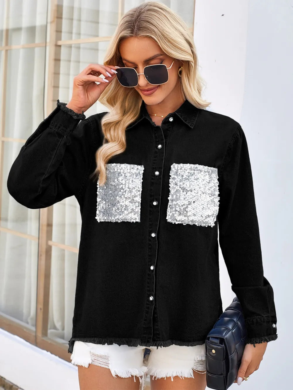 Raw Hem Button Up Long Sleeve Denim Jacket with Sequin Pockets - Lilixa.store